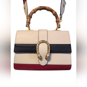Gucci White and Red Shoulder Bag with Bamboo Handle Dionysus Lion Leather